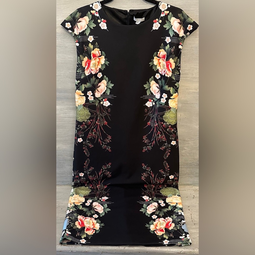 New York & Company Stretch Dress Cap Sleeve‎ Black Floral Print Zip Back XL GC